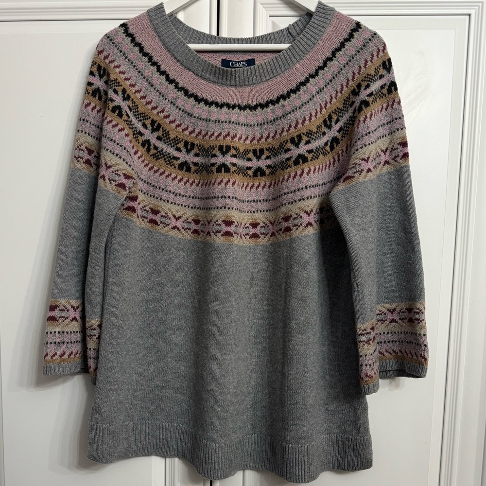 Chaps L Crew Neck Grey 3/4 Length Sleeve Loose Fit + Sleeve Fair Isle Sweater